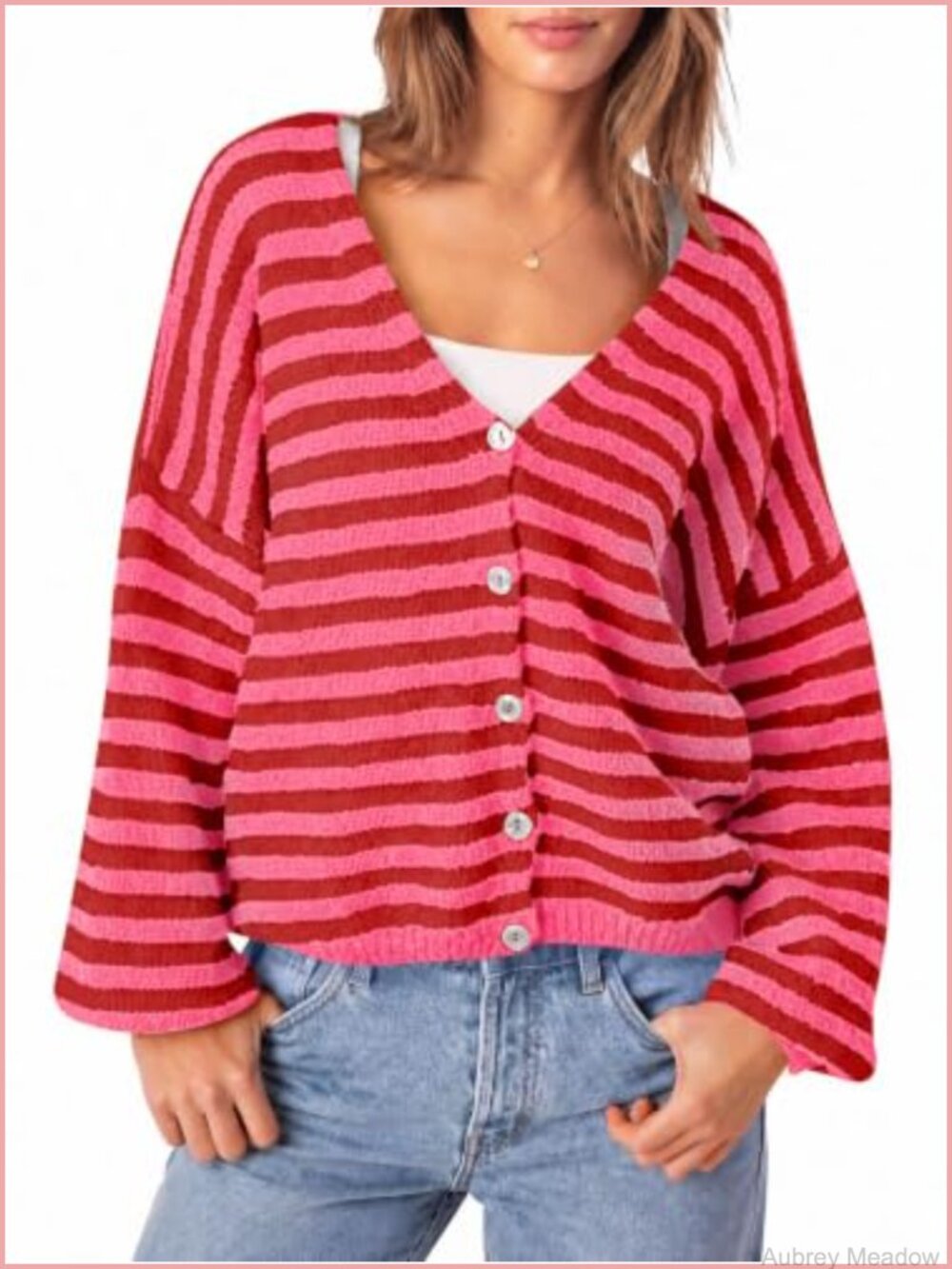 Womens Oversized Striped Cardigan V Neck Long Sleeve Knit Sweater Fall Winter